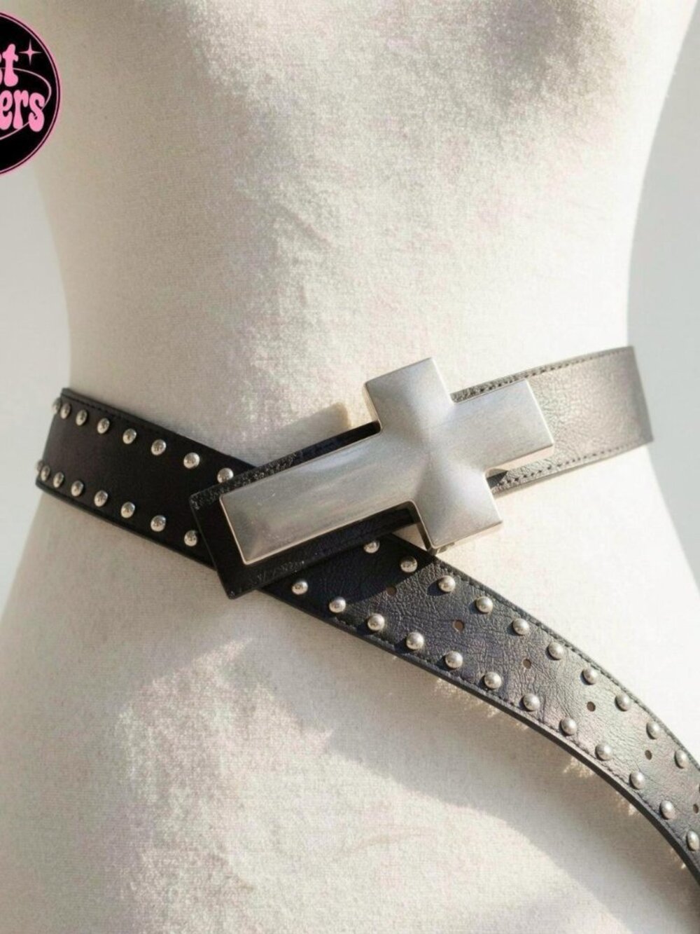 Y2K 2000s style Black leather studded cross belt with silver hardware